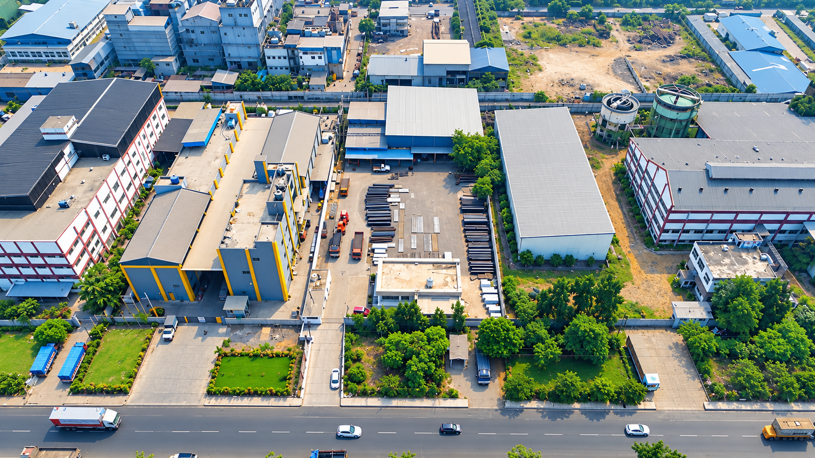 Industrial steel material handling and storage yard at Vapi GIDC